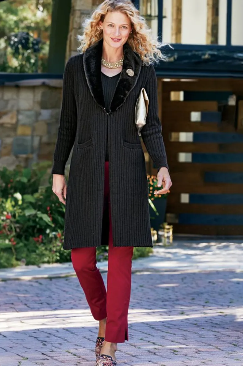Soft Surroundings Amalie Faux Fur Collar Ribbed Cardigan| Sweaters & Cardigans