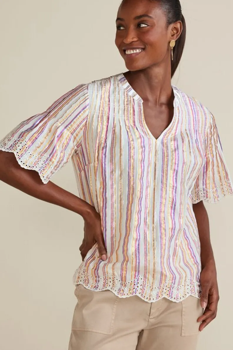 Soft Surroundings Ciel Metallic Stripe Eyelet Top| Tops