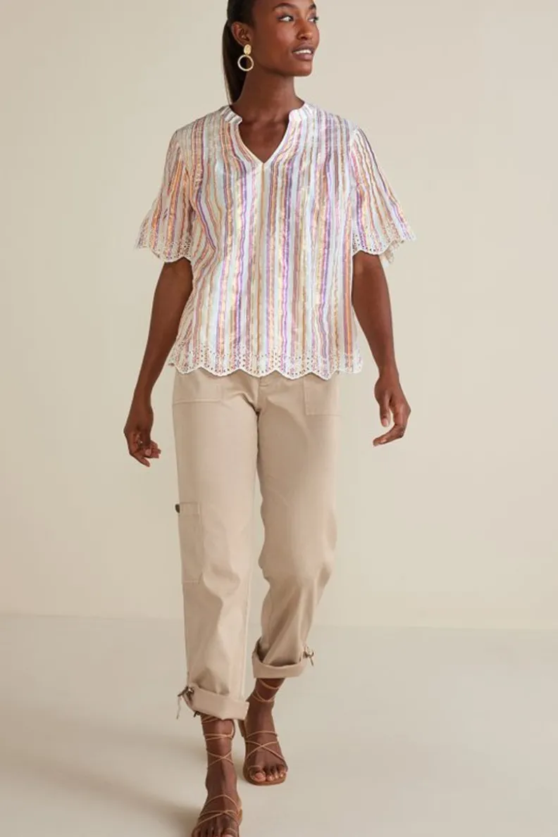 Soft Surroundings Ciel Metallic Stripe Eyelet Top| Tops