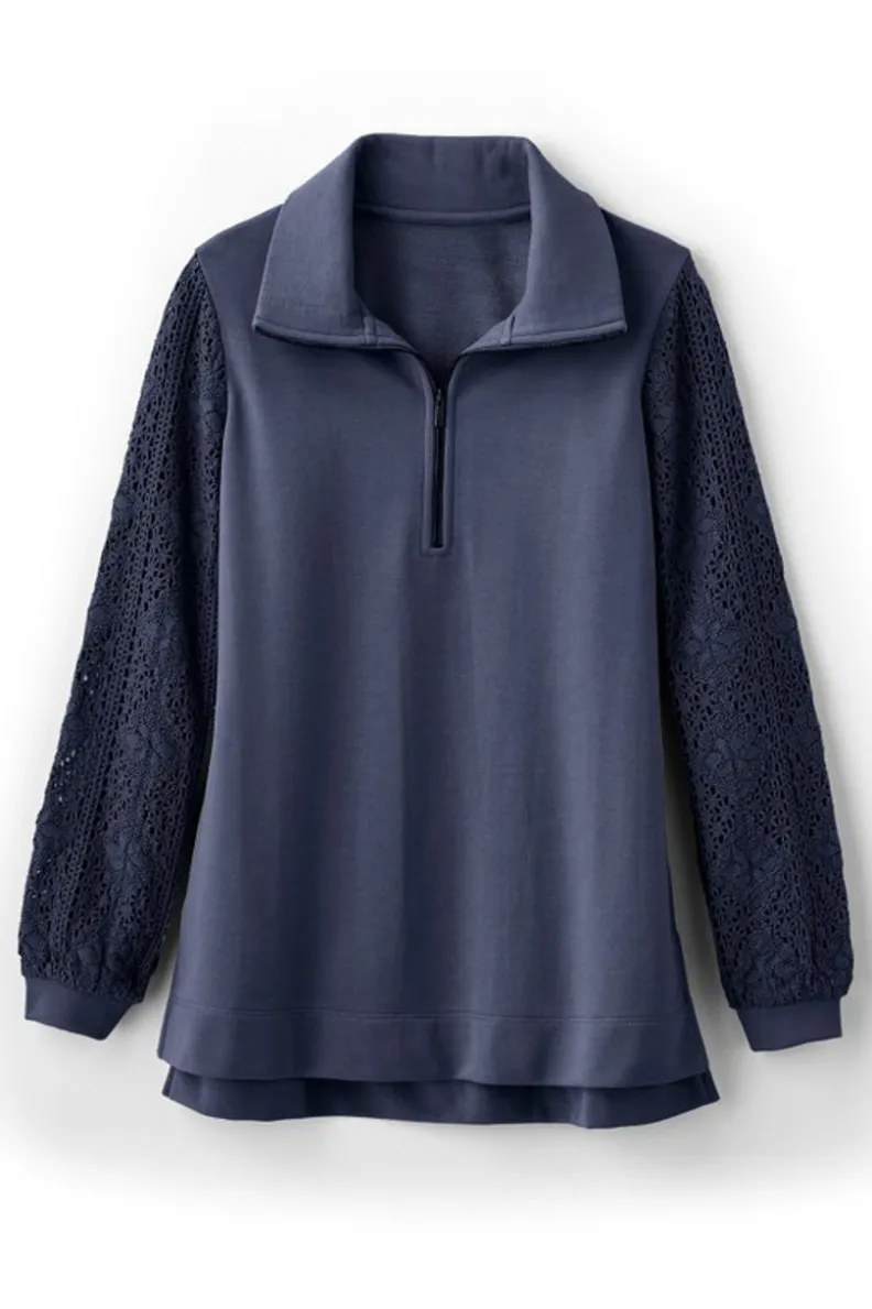 Soft Surroundings Crochet Sleeve French Terry Tunic| Tops