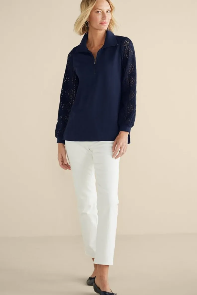 Soft Surroundings Crochet Sleeve French Terry Tunic| Tops
