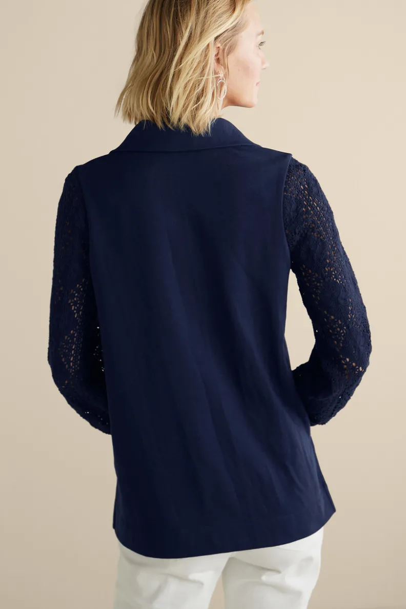 Soft Surroundings Crochet Sleeve French Terry Tunic| Tops