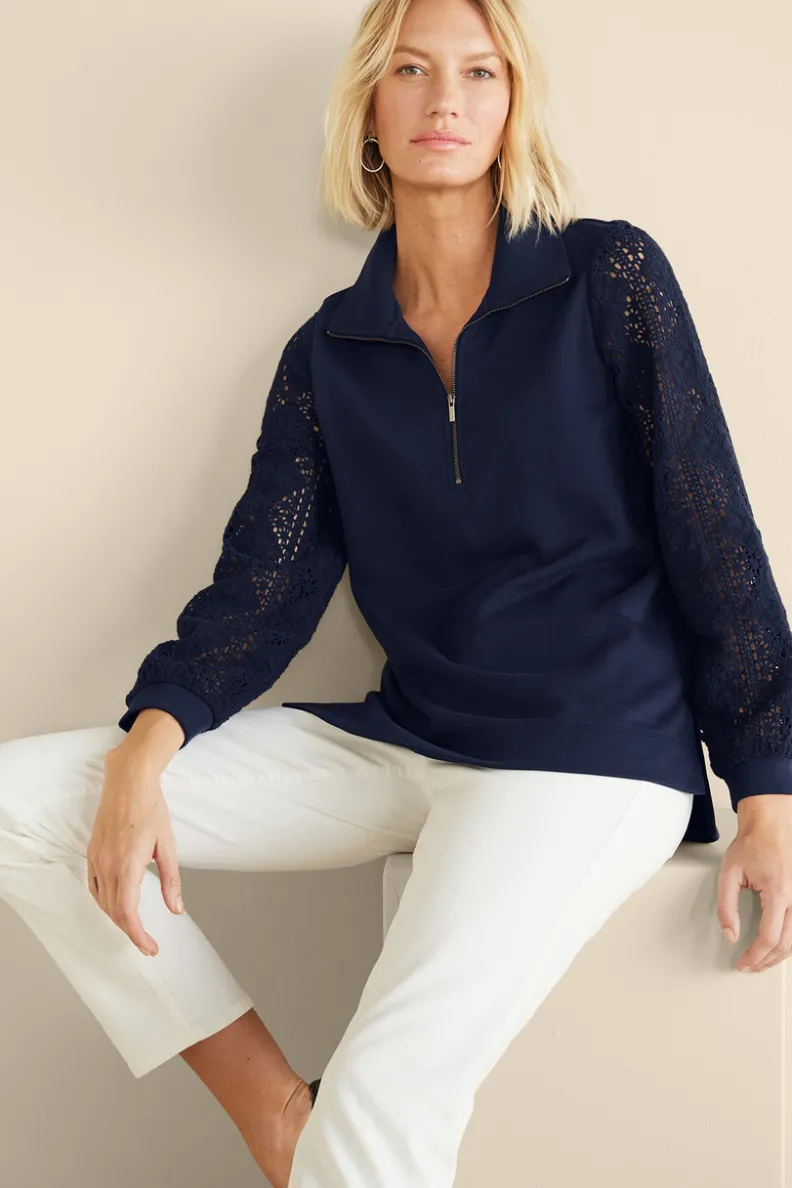 Soft Surroundings Crochet Sleeve French Terry Tunic| Tops