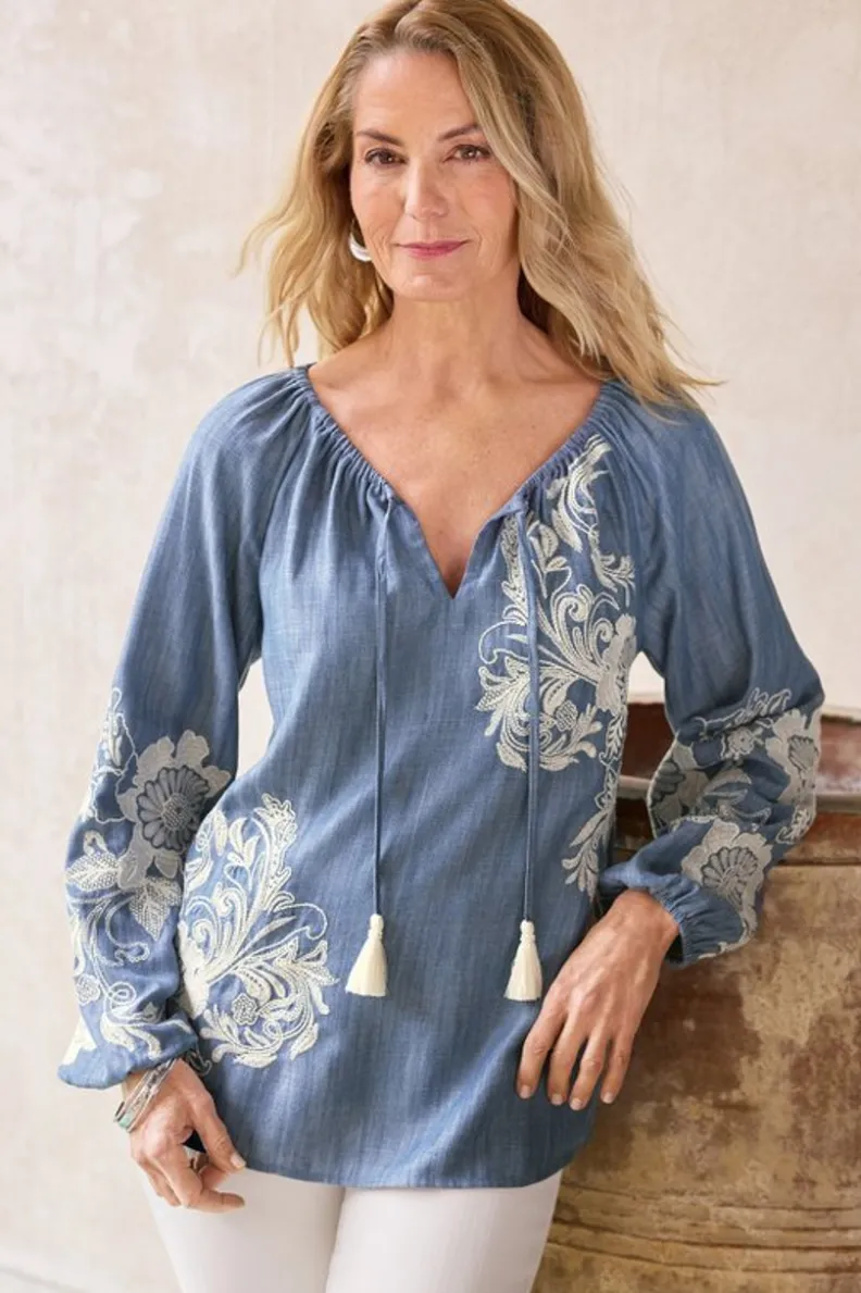 Soft Surroundings Diya Embroidered Tencel™ Peasant Top| Tops