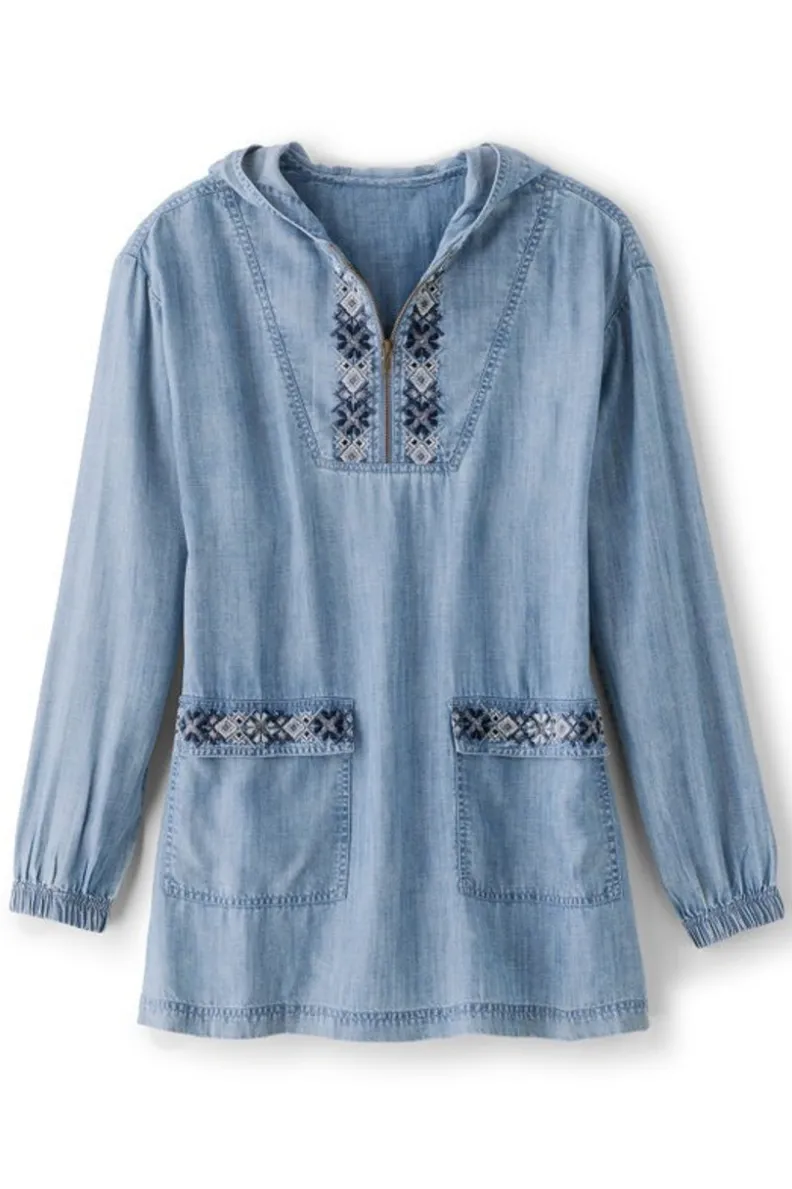 Soft Surroundings Evie Embroidered Tencel Hoodie| Tops