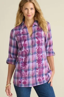 Soft Surroundings Gracie Embroidered Plaid Big Shirt| Tops