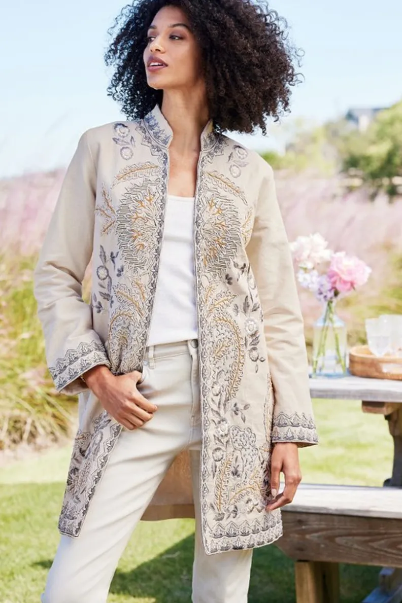 Soft Surroundings Kerala Embellished Natural Jacket| Toppers|Jackets & Coats