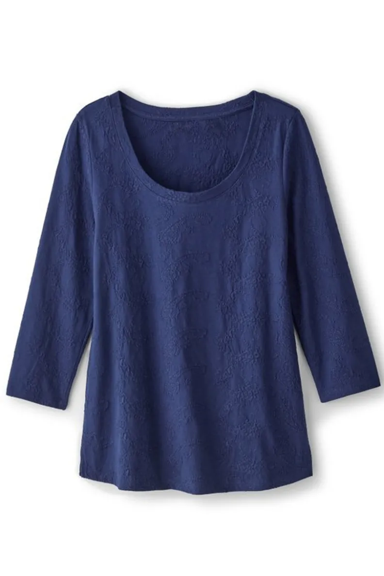 Soft Surroundings Linnea Embroidered 3/4 Sleeve Tee| Tops