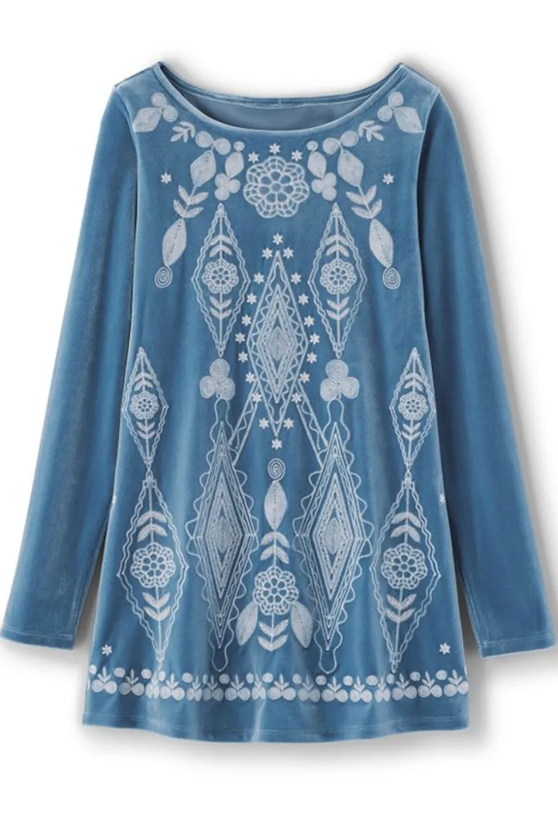 Soft Surroundings Nori Embroidered Velvet Tunic| Tops