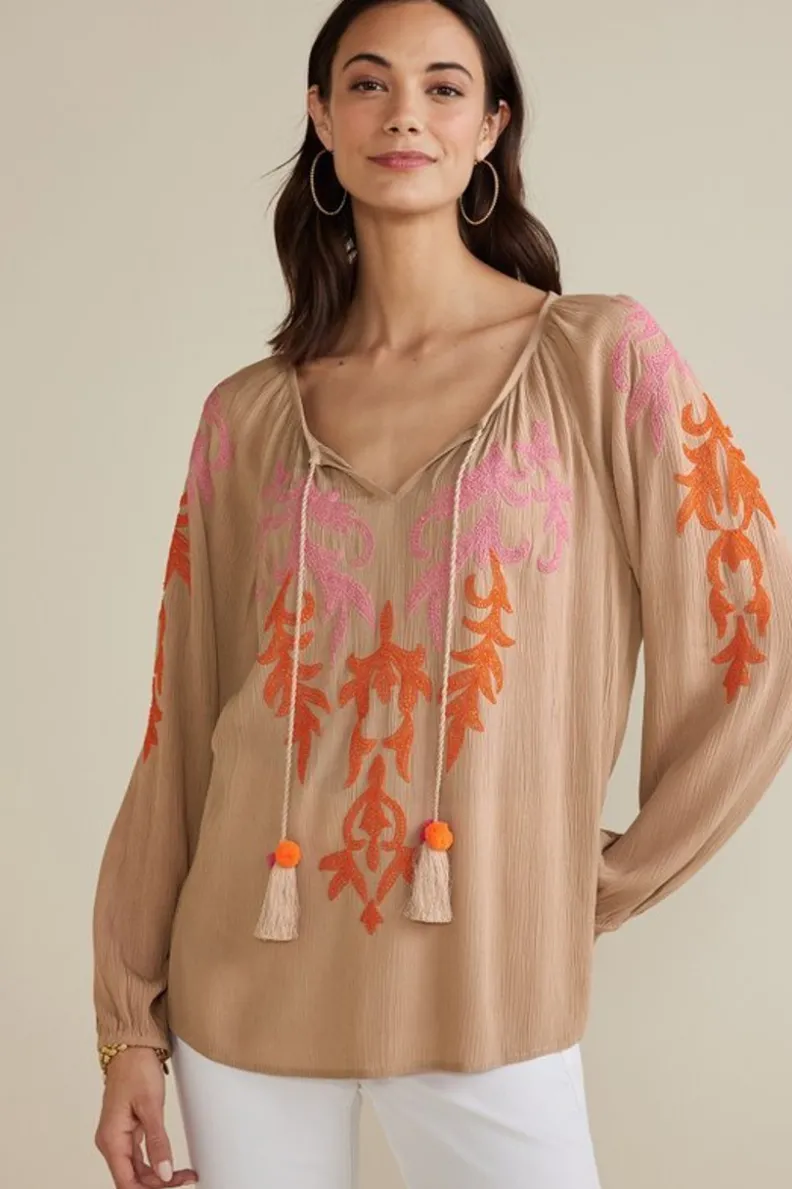 Soft Surroundings Noura Embroidered Gauze Pullover| Tops