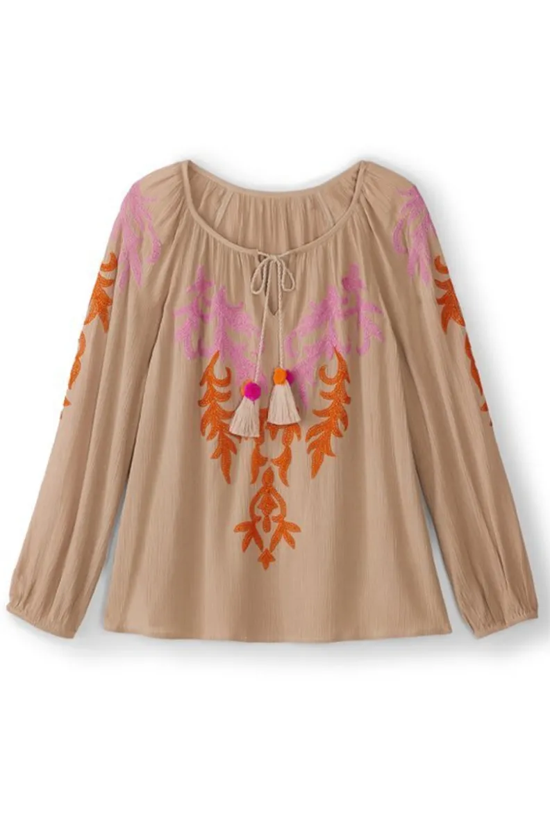 Soft Surroundings Noura Embroidered Gauze Pullover| Tops