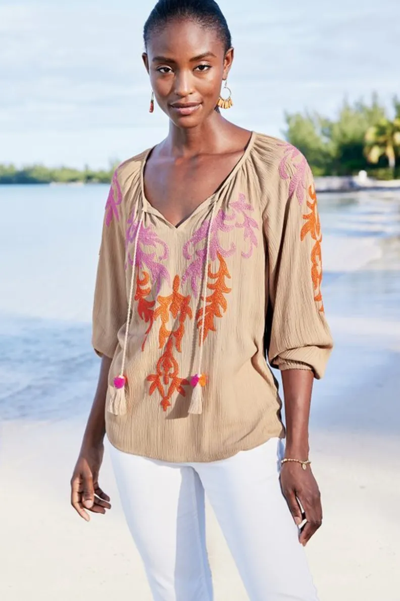 Soft Surroundings Noura Embroidered Gauze Pullover| Tops